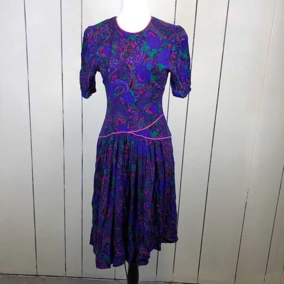 Vintage 1980s Purple Paisley Dress Sz 4