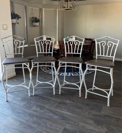 Set of 4 Distressed White Metal Bar Stools w/ Brown Ostrich Seats