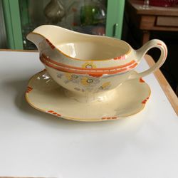 Vintage 1920s/30s ‘Ivory Ware’ Art Deco Hand Painted Gravy Boat With Attached Plate