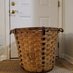 Vintage Extra Large Decorative Basket With Rope Handles & Metal Reinforcements 