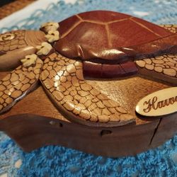 Collectible Solid Wood SEA Turtle Puzzle Box featuring a Hidden Compartment 