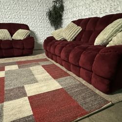 🔥 Burgundy Red Plush Reclining Sofa + Rocker Recliner Set – LIKE NEW! 🔥