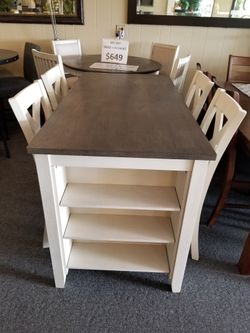 Brand new gray/brown storage counter high dining table (60"x30"x36"H) + 4 gray linen chairs