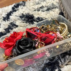 Storage Container Full Of Vintage Jewelry Rings Earring Bracelet Necklace Pins Lot