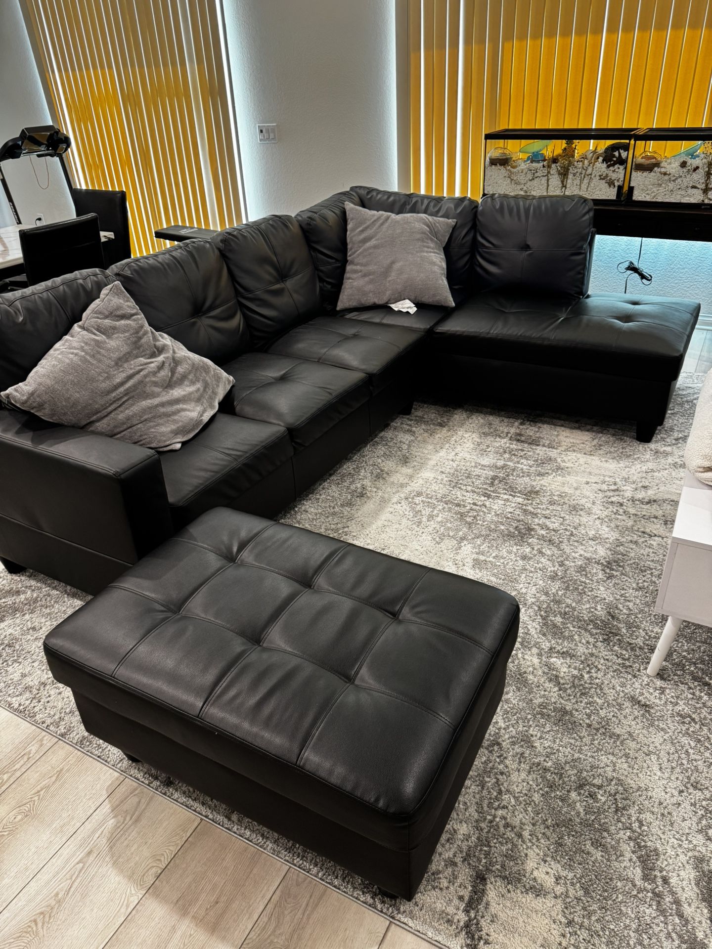 Black Leather Sofa with Storage Ottoman – Like New!