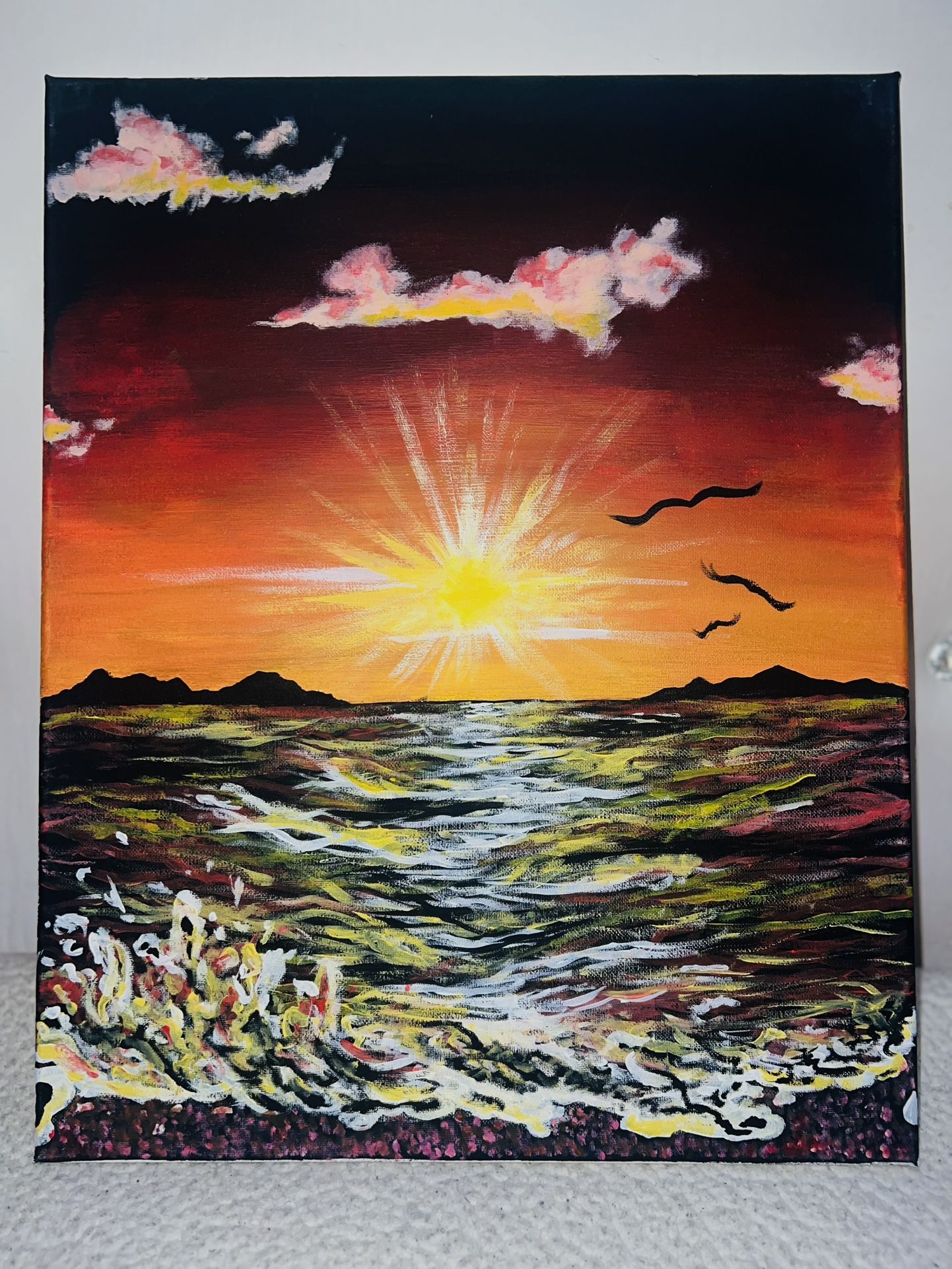 Sunset Beach Scene Acrylic Painting, 16x20 acrylic painting, Vibrant Art, Girly Art, Wall Decor