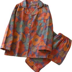 Women's XL Cotton Woven 2-Piece Pajama Set Floral Multicolor Button-Front
