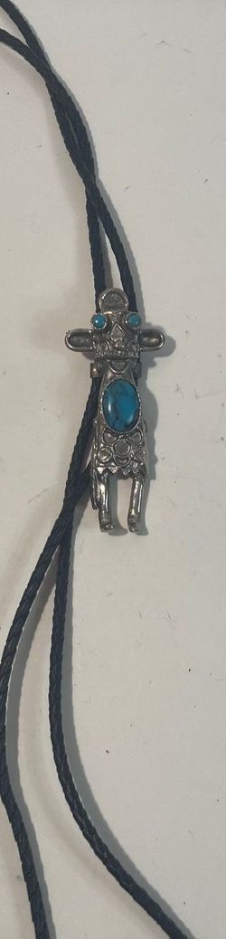 Vintage Metal Bolo Tie, Nice Native Look, Blue Turquoise Stone, Man, Nice Western Design, 3" x 1 1/4", Quality, Heavy Duty, Made in USA, Country & Wes