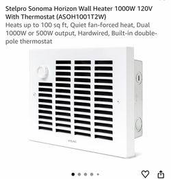 Stelpro Sonoma Horizon Wall Heater 1000W 120V With Thermostat (ASOH1001T2W) Heats up to 100 sq ft, Quiet fan-forced heat, Dual 1000W or 500W output, H