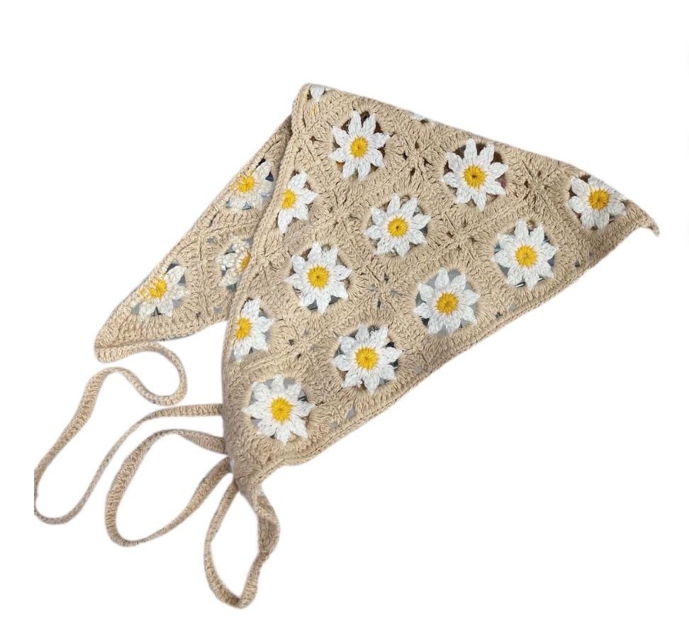🌼 PINK LINEN • Crochet Daisy Bandana Hair Scarf