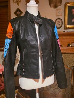 Black Mexican dia de muertos Faux Leather jacket