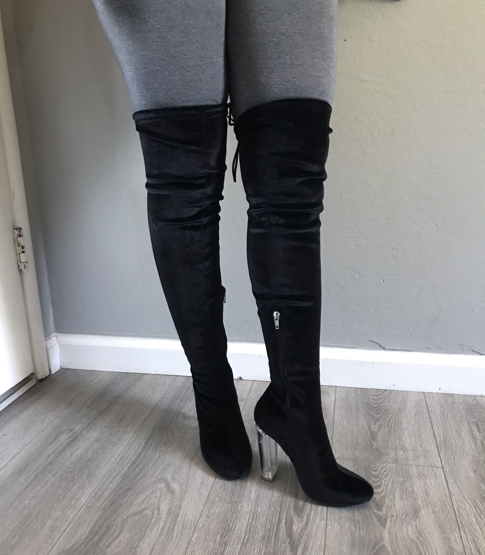 Black velvet thigh high boots