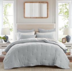 New King Size Harbor House Cotton Muslin Quilt Set Blue, Crinkled Texture Lightweight