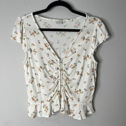 American Eagle Floral Top Blouse Faux Corset Peplum Ruffle Ivory Women’s Small
