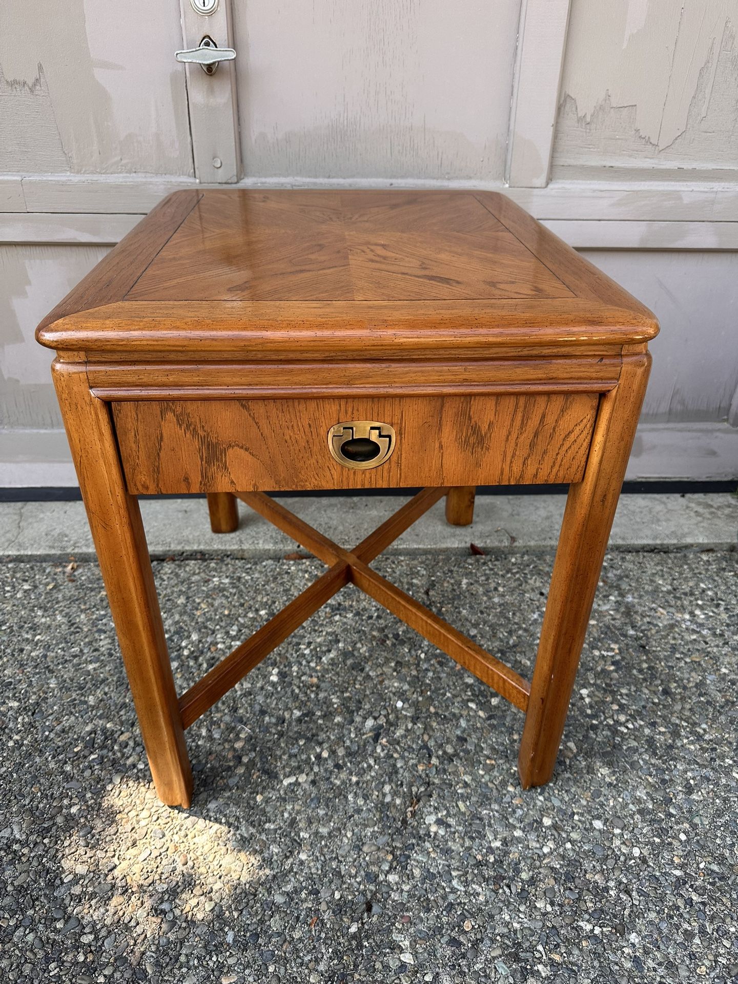 vintage Drexel oak solid side table with glass top