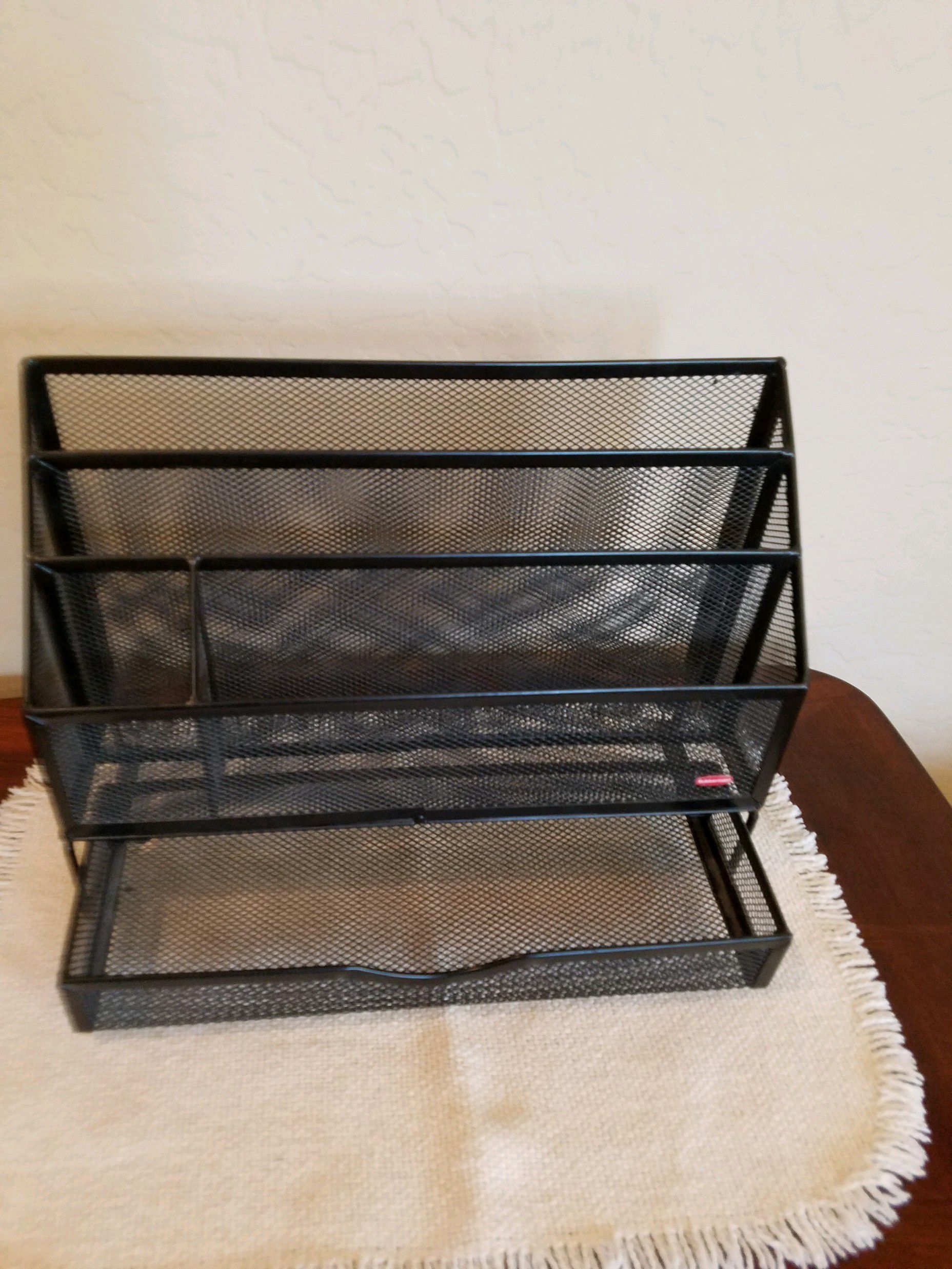 Rubbermaid black metal mesh desk organizer with pull out drawer. $15