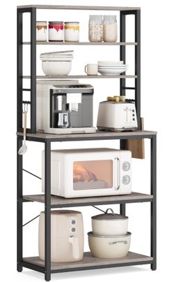 Coffee Bar, 23.6 Inches Baker's Rack for Kitchen with Storage, 6-Tier Kitchen Shelves with 6 Hooks, Microwave Stand, Industrial, Heather Greige and In