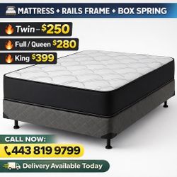 🌟 Queen Mattress, Box Spring, and Rails Frame Set - Delivery Today  And Pay On The Delivery