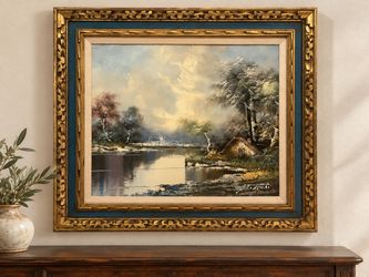 Vintage Signed Landscape Oil Painting in Gold Frame