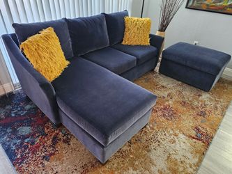 New! "BASSETT FORNITURE" (High-end quality and heavy-duty structure), Premium navy blue microfiber velvet, ottoman with deep storage and drop hinges,