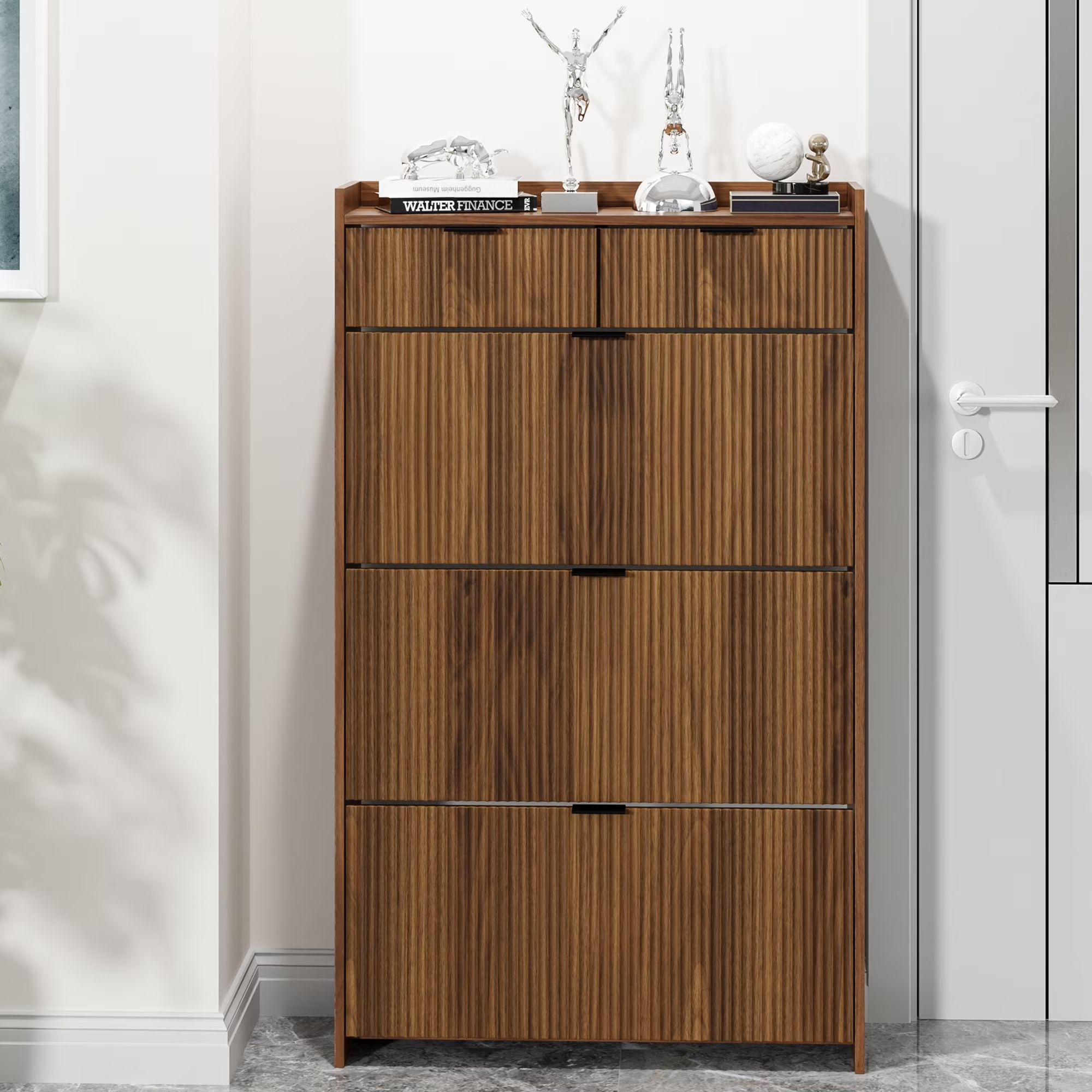 Shoe Cabinet, Free Standing Tipping Bucket Shoe Rack Organizer with 3 Flip Drawers, Modern Entryway Narrow Shoe Rack with 2 Drawers & Top Storage, for