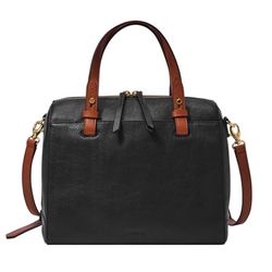 Fossil Black and Brown Leather Satchel Crossbody Bag