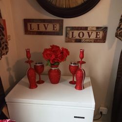 Red Glitter Wine Glasses With Vase &Candle Holders & Red Artificial Roses