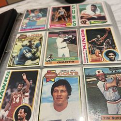 Binder of 423 Vintage Baseball, Basketball & Football Cards
