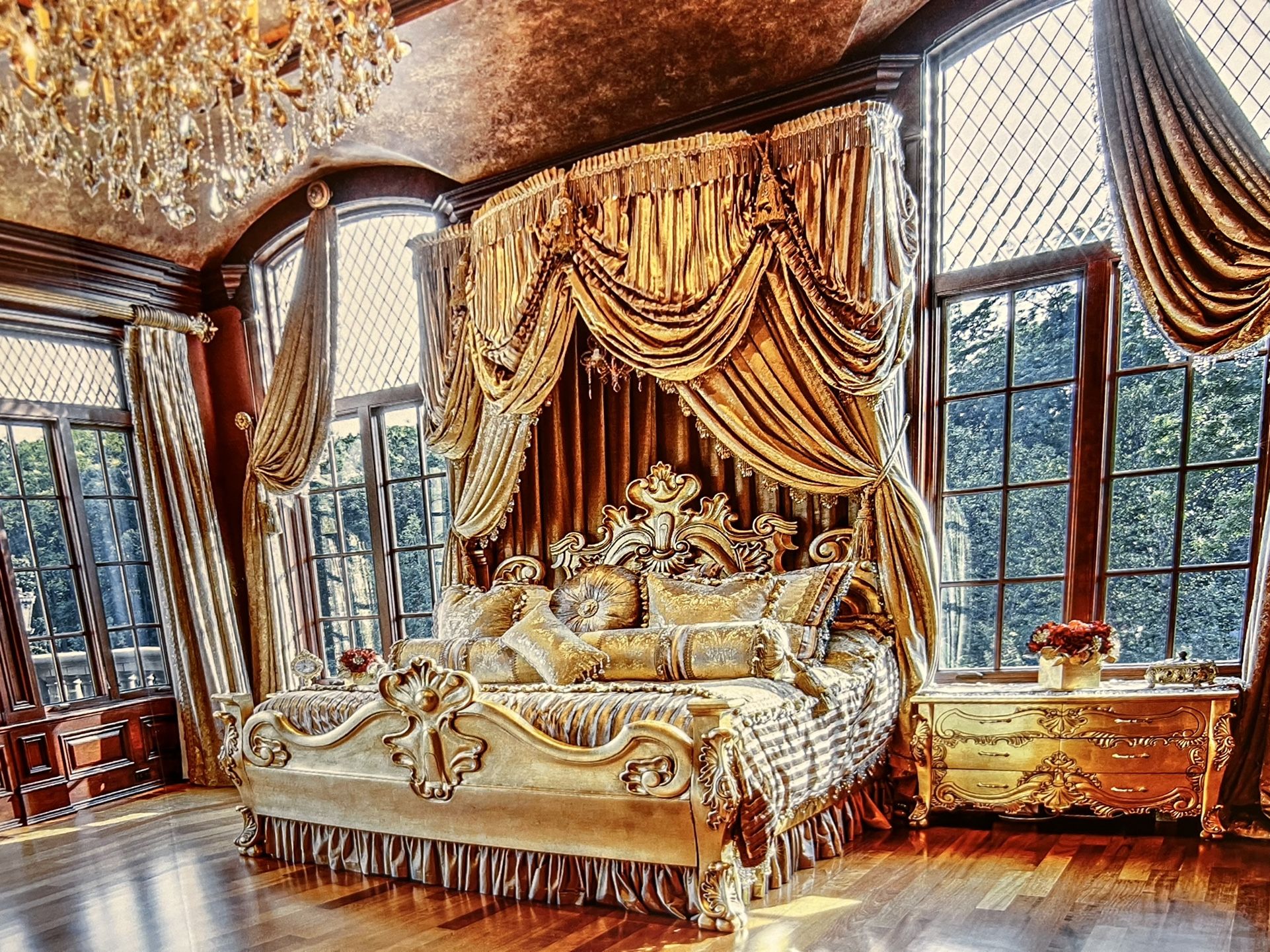 French Style Gold Solid Wood 3 Piece Bedroom Set. Hand carved Beautiful details Headboard & Frame. Includes Two Matching Nightstands