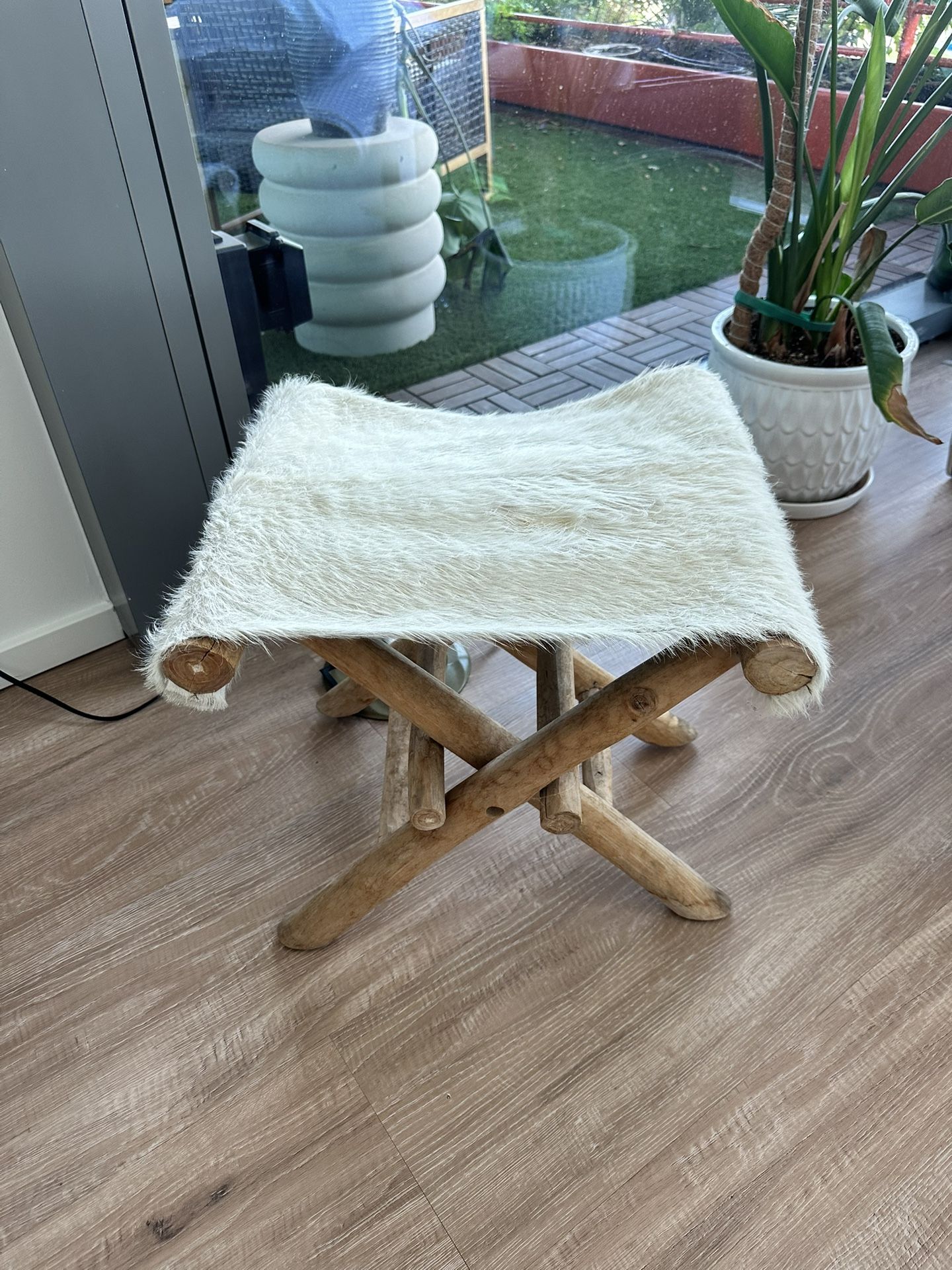 Wooden Folding Stool with Genuine Cowhide Seat