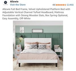 Allewie Full Bed Frame, Velvet Upholstered Platform Bed with Adjustable Vertical Channel Tufted Headboard