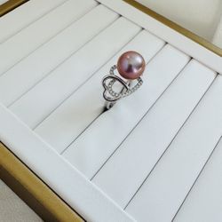S925 Sterling Silver Natural Pink Edison Pearl Adjustable Heart Ring