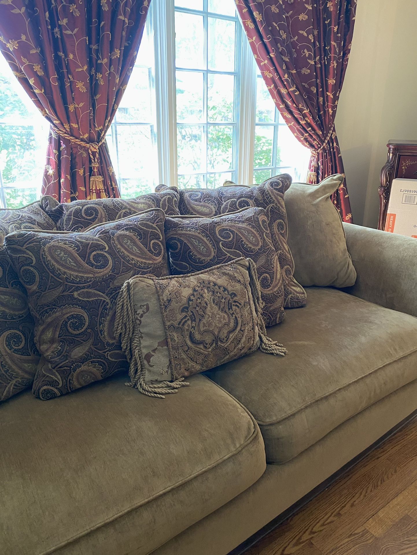 Large Tan Loveseat + Decorative Pillows 