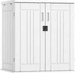 #C Outdoor Storage Cabinet with 2 Shelves, Waterproof Resin Vertical Tool Shed, Lockable 15 cu. ft. Storage Shed for Patio, Garden, Yard, Dark White $