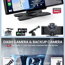 10.26'' Wireless Carplay Screen for Car with 4K Dash Cam & 1080P Backup Camera, Portable Car Audio Receivers with Carplay & Android Auto, GPS Navigati