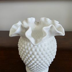 Milk glass hobnail vase with ruffled rim by Fenton Art Glass
