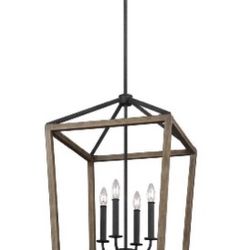 Feiss Gannet 4-Light Weathered Oak Wood and Antique Forged Iron Rustic Farmhouse Dining Room Hanging Candlestick Chandelier