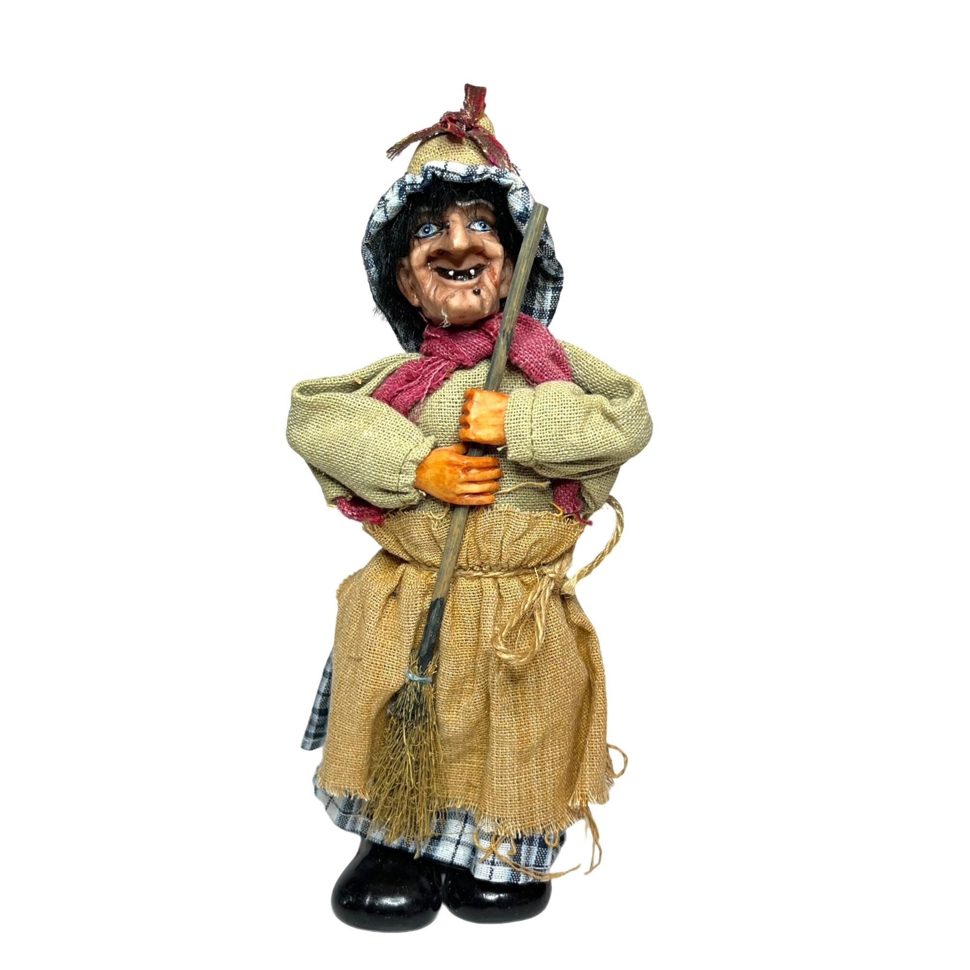 Spooky Halloween Autumn Ugly Witch Figurine w/Broom 9-1/2"