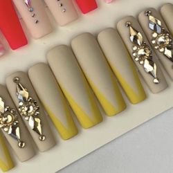 Extra long square press on nails rhinestones, French tips
