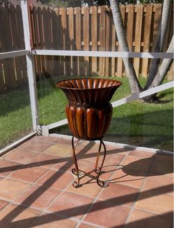 Large Metal Urn Planter with Iron Stand