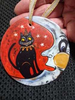 Retro Halloween  cat and moon glass ornament