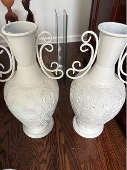 Shabby Chic White Ornate Textured Metal Vases - Pair