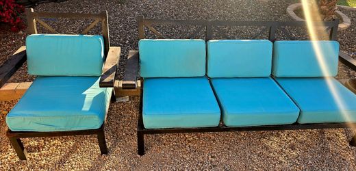 $500  IRON PATIO SET 3 SEATER COUCH AND CHAIR WITH SUNBRELLA CUSHIONS