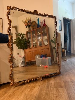 Antique wood beveled glass wall mirror