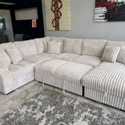Beige Jumbo corduroy U shaped sectional pullout sleeper Sofa bed 