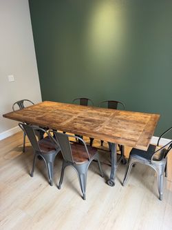 Industrial Dining Table with 6 Metal Chairs