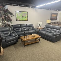 Charcoal Gray Leather Fully Reclining  Couch Set 