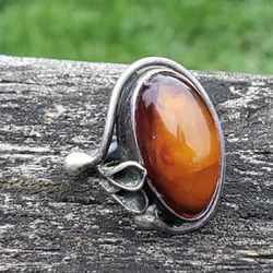 Vintage Sterling Silver REAL Amber Handcrafted Ring Sz 7.75