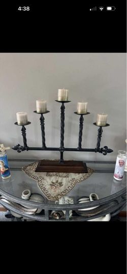 5-Arm Black Metal Candelabra with Wood Base