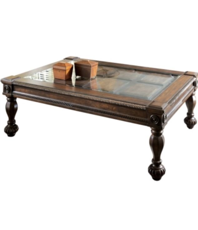 Set Of Coffee Table & Side Table, Solid Wood With Glass Top